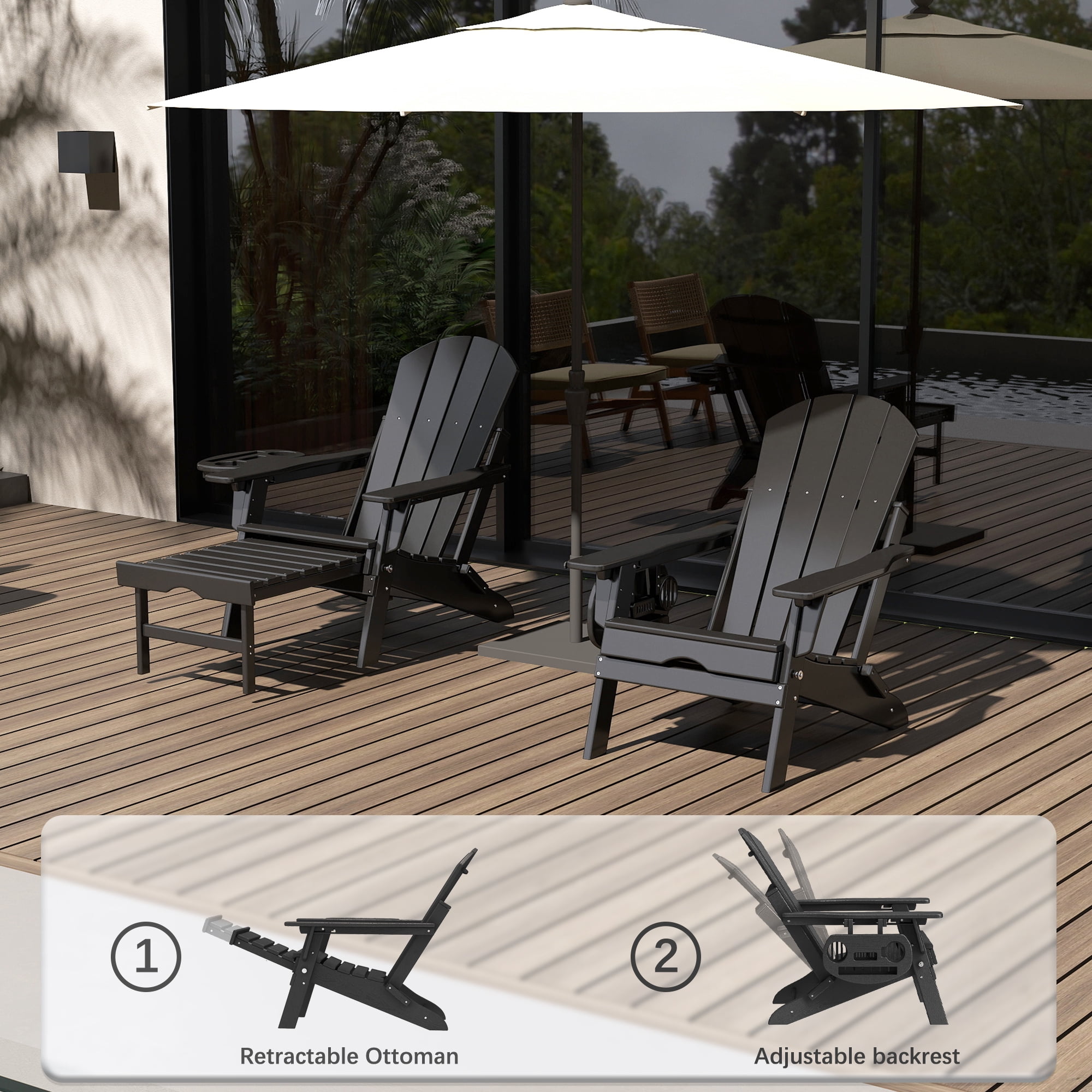 Folding Adirondack Chair with Retractable Ottoman, HDPE All-Weather Resistant Adjustable Backrest Adirondack Chair w/4 in 1 Cup Holder Trays, Black