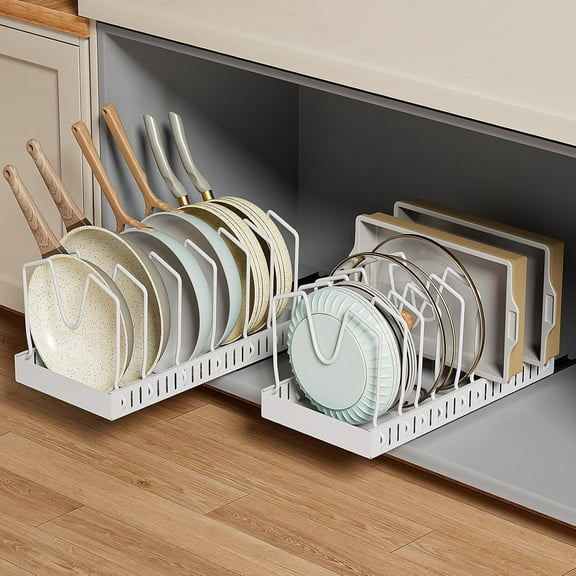 Pull-out Pots and Pans Organizer 2 Pack - Under Cabinet Pot Lid Holder for Kitchen - Bakeware & Dishes Storage Rack with Slide Rails - Multi-purpose Silde-out Drawer - Easy to Clean - White