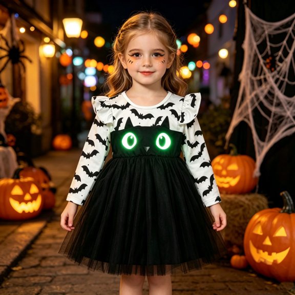 HNMKIU Halloween for Girls Child Girls Long Sleeve Party Dance Prints Halloween Dress Kids Casual Wear White - 5-6 Years