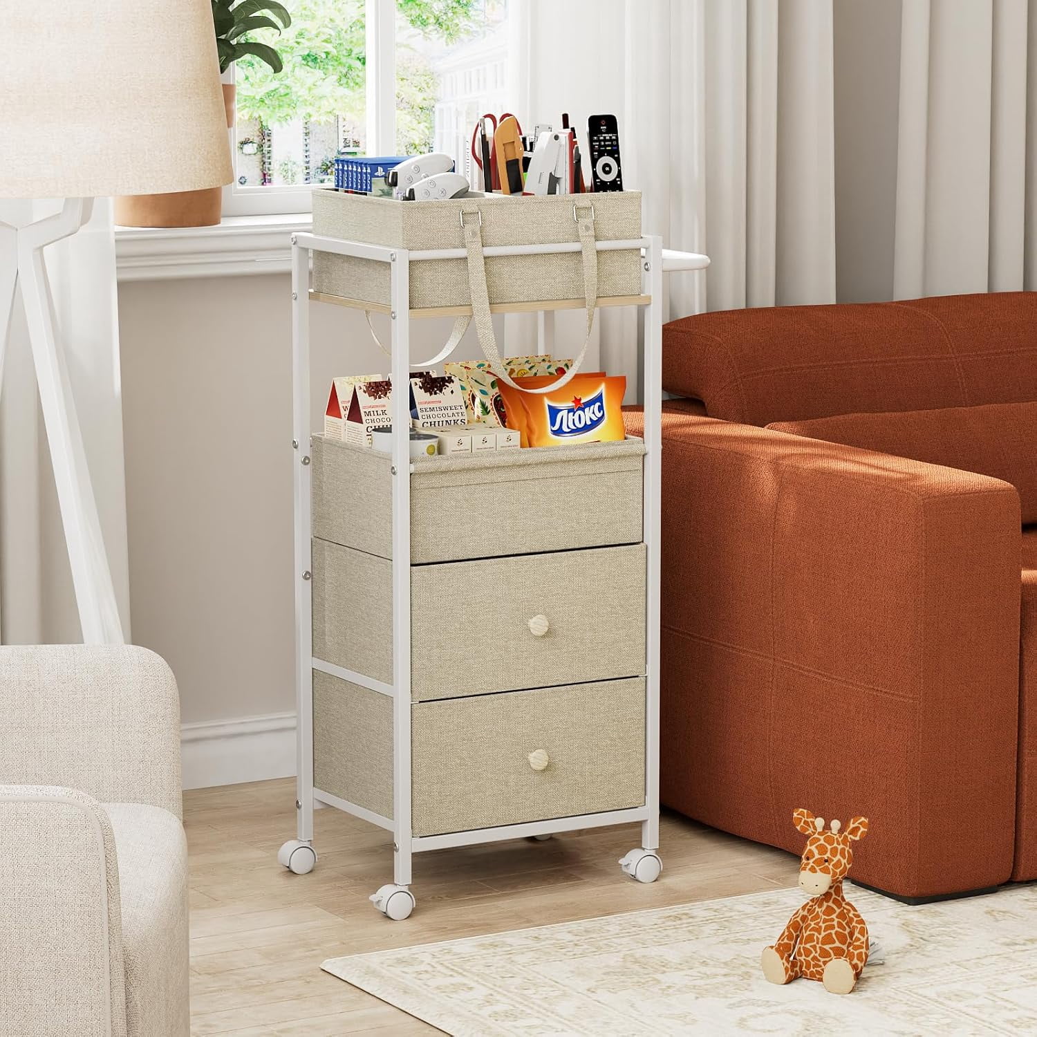 Baby Diaper Caddy Organizer Cart with Drawers - 3In1 Rolling Storage Cart with Wheels, Removable Diaper Caddy, Detachable Dividers - for Crib, Bedroom, Art & Craft Organizer (Off White)