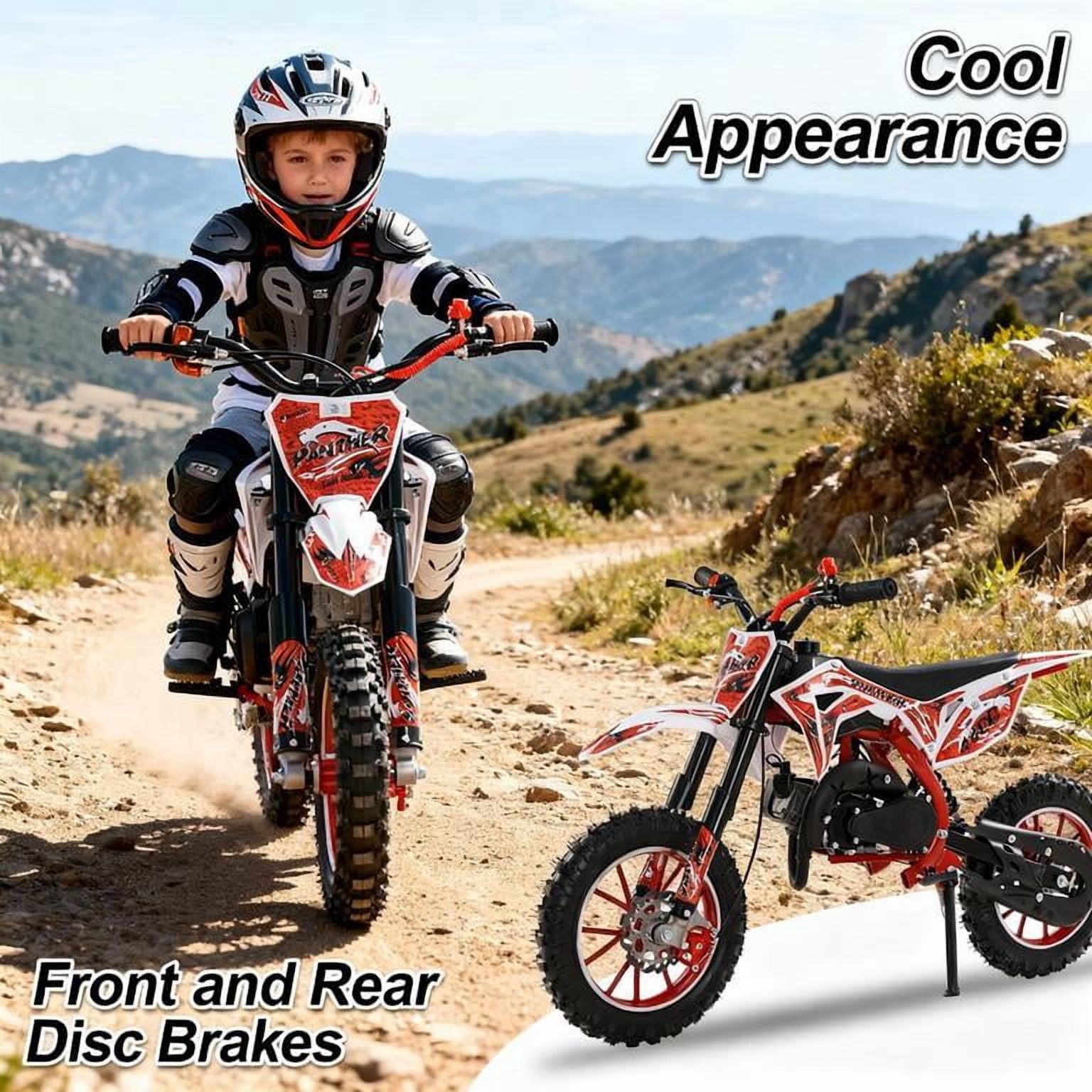 Mohsoe 49cc 2-Stroke Mini Motocross Bike, Gas Powered Kids Dirt Bike with Front & Rear Disc Brakes, 10in Inflatable Off-Road Tires, Alloy Handlebars, Inverted Hydraulic Suspension, Max Speed 40KM/H