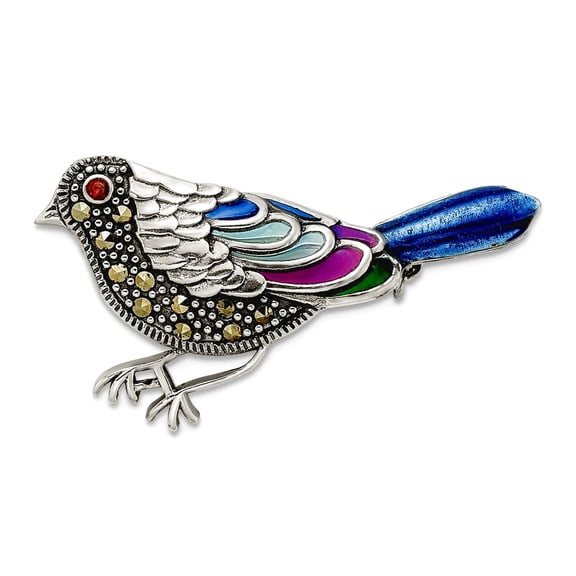 34.33mm 925 Sterling Silver Oxidized Multicolored Enameled Marcasite and Garnet Bird Pin Brooch Brooches and Pin for Wom