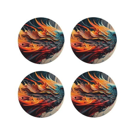 

KLL Drink Coasters Set Round Shape of 4 PU Leather Absorbent Coasters Set Decorative Coffee Cup Coasters Housewarming Gift for Home Decor-Dynamic Fire Bird Art