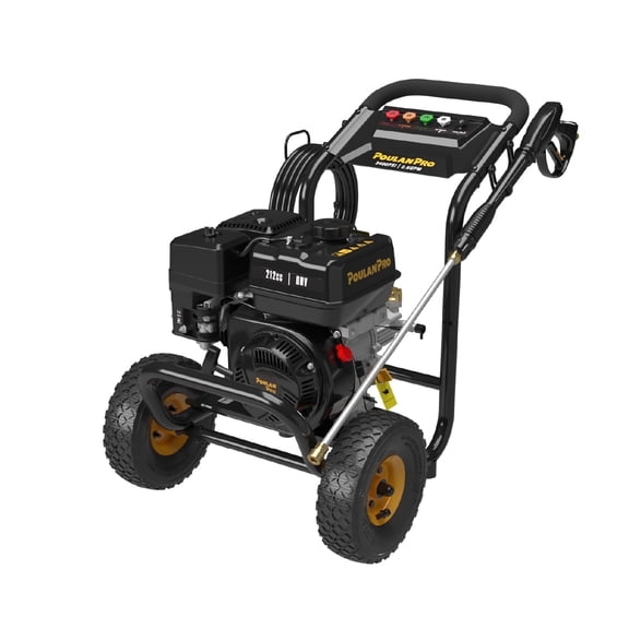 Poulan Pro Gas Pressure Washer, 3400 PSI & 2.6 GPM, 212cc 4-Cycle High Pressure Washer with 30ft Hose, 21" Spray Lance, 5 Nozzles for Cleaning Cars Driveways Patios Fences Furnitures