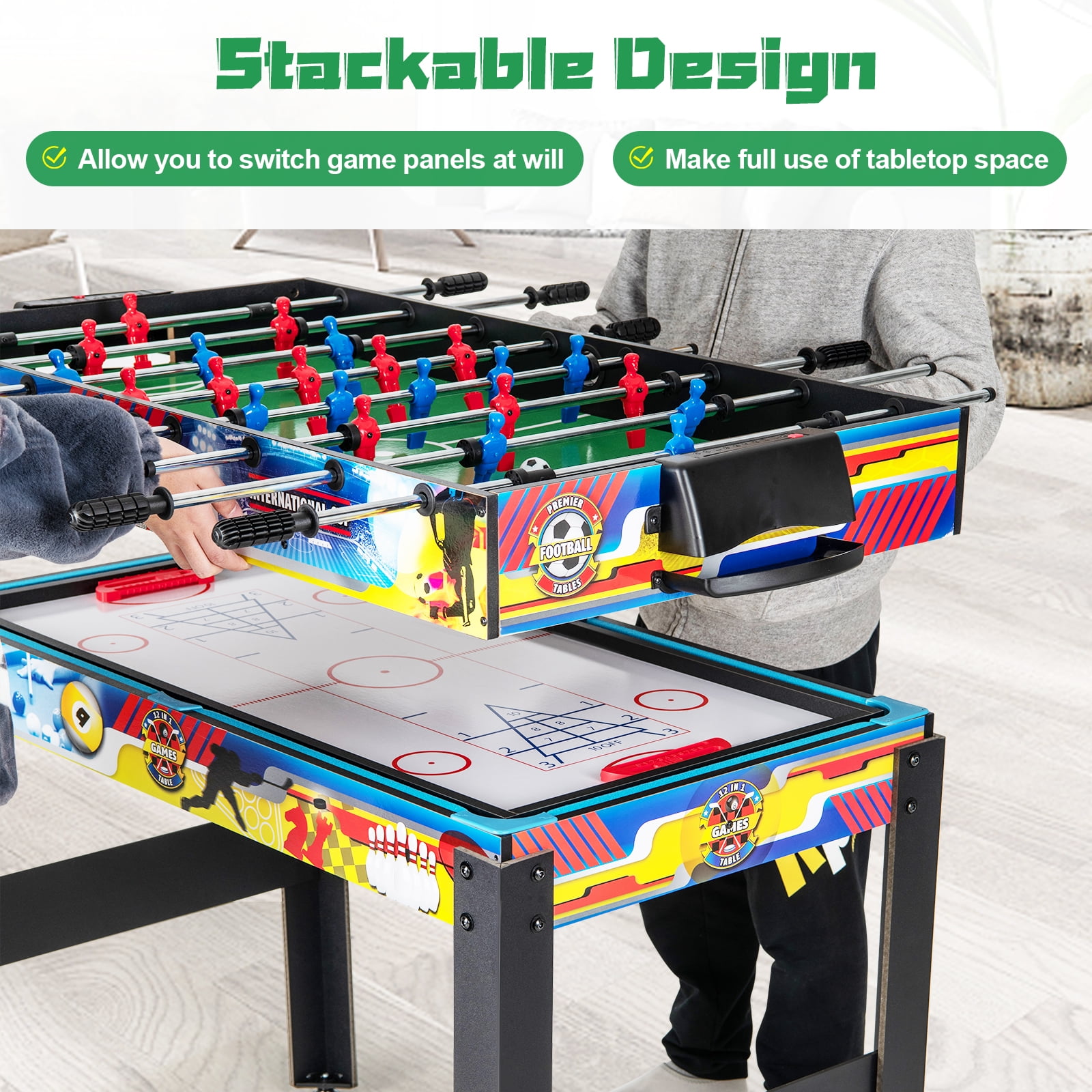 Topbuy 12-In-1 Game Table 48 Inch Combo Game Table w/ Billiards Foosball Ping Pong Hockey Shuffleboard