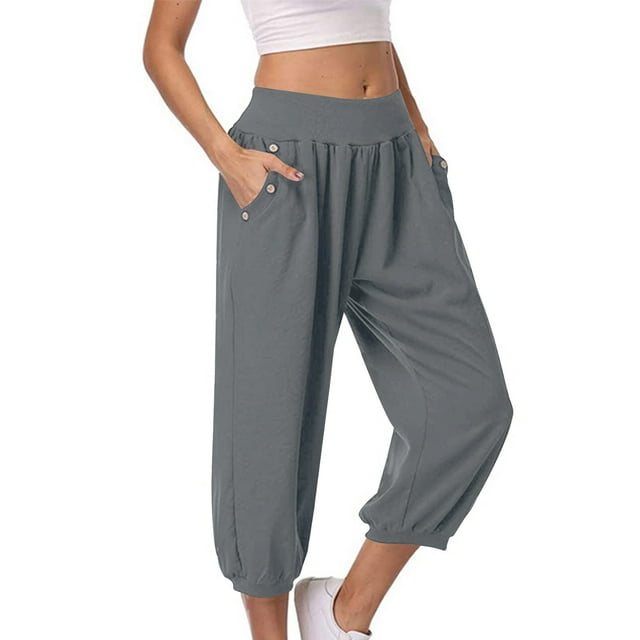 Timegard Womens Capri Pants Elastic High Waist Button Comfy Solid Color Casual Crop Pants with Pockets
