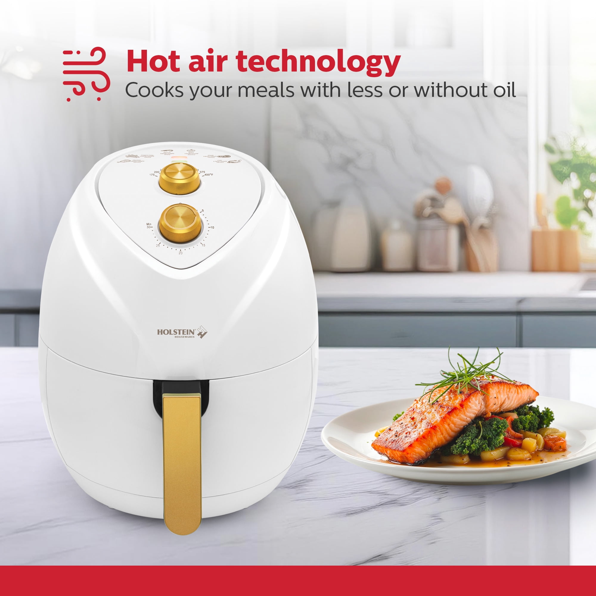 Holstein Housewares 4.8QT Air Fryer - Convenient and User Friendly with Optimal Cooking Functions to Fry, Bake, Grill and Roast, White and Gold
