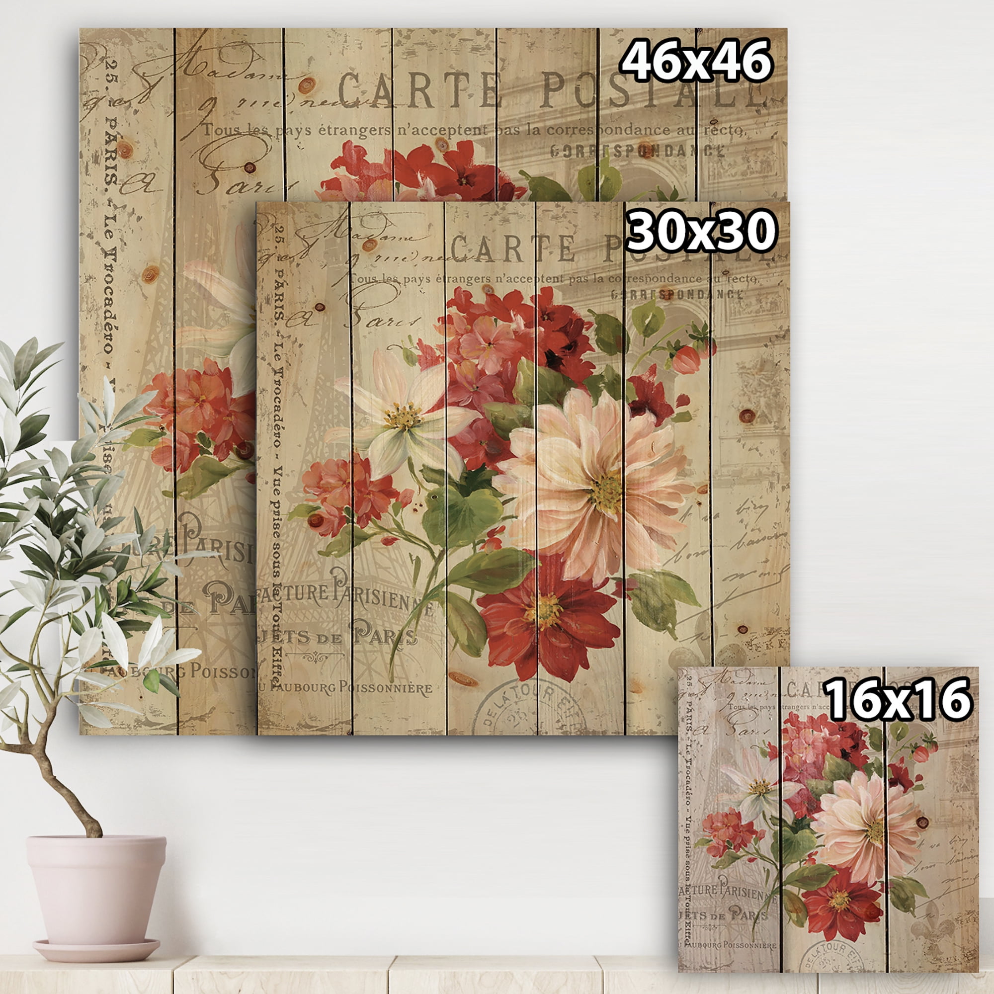 Designart 'Red Painted Flowers on Vintage Postcard II' Farmhouse Print on Natural Pine Wood