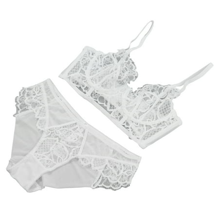 

Bralette Lace Set Underwear Floral Strap V Neck Sheer Panty Set For Women White 75B