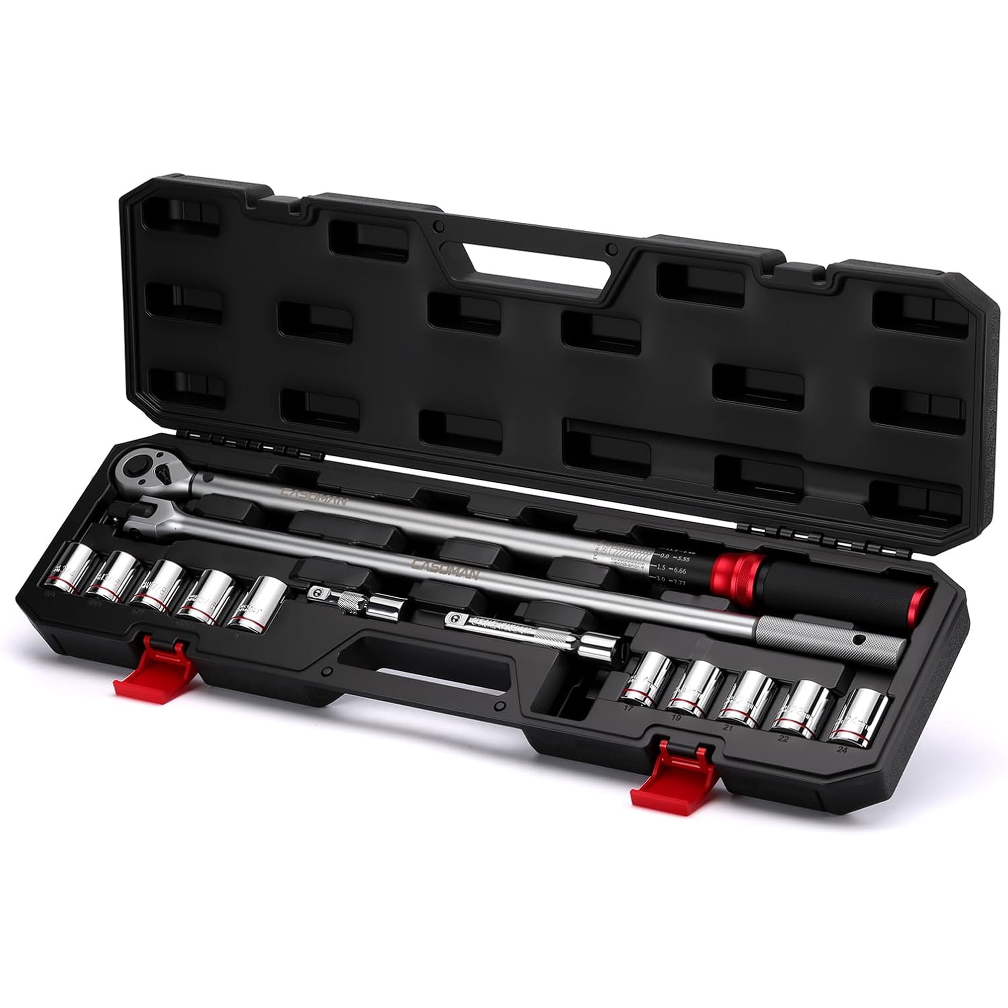 CASOMAN 14 PCS 1/2 Inch Click Torque Wrench Set, 30-330 Nm (22.2-244.2 FT.-LB), ±3% Accuracy, 72-Tooth Dual Scale Torque Wrench Kit, with Breaker Bar & Extensions & Sockets