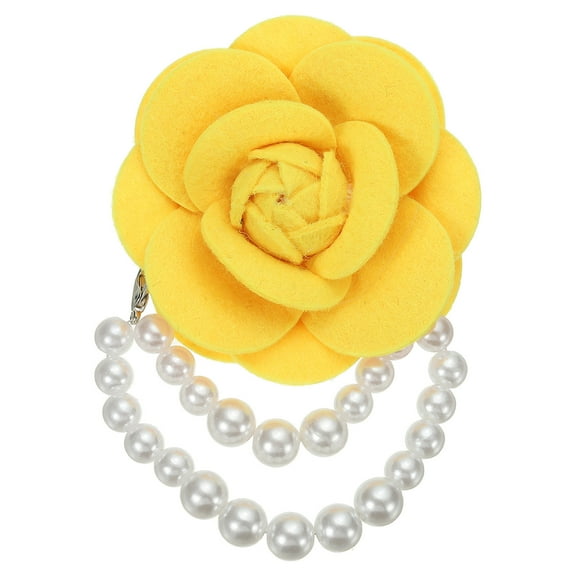 Fabric Camellia Flower Brooch Pearl Pins Bracelet Dual Use for Women Yellow