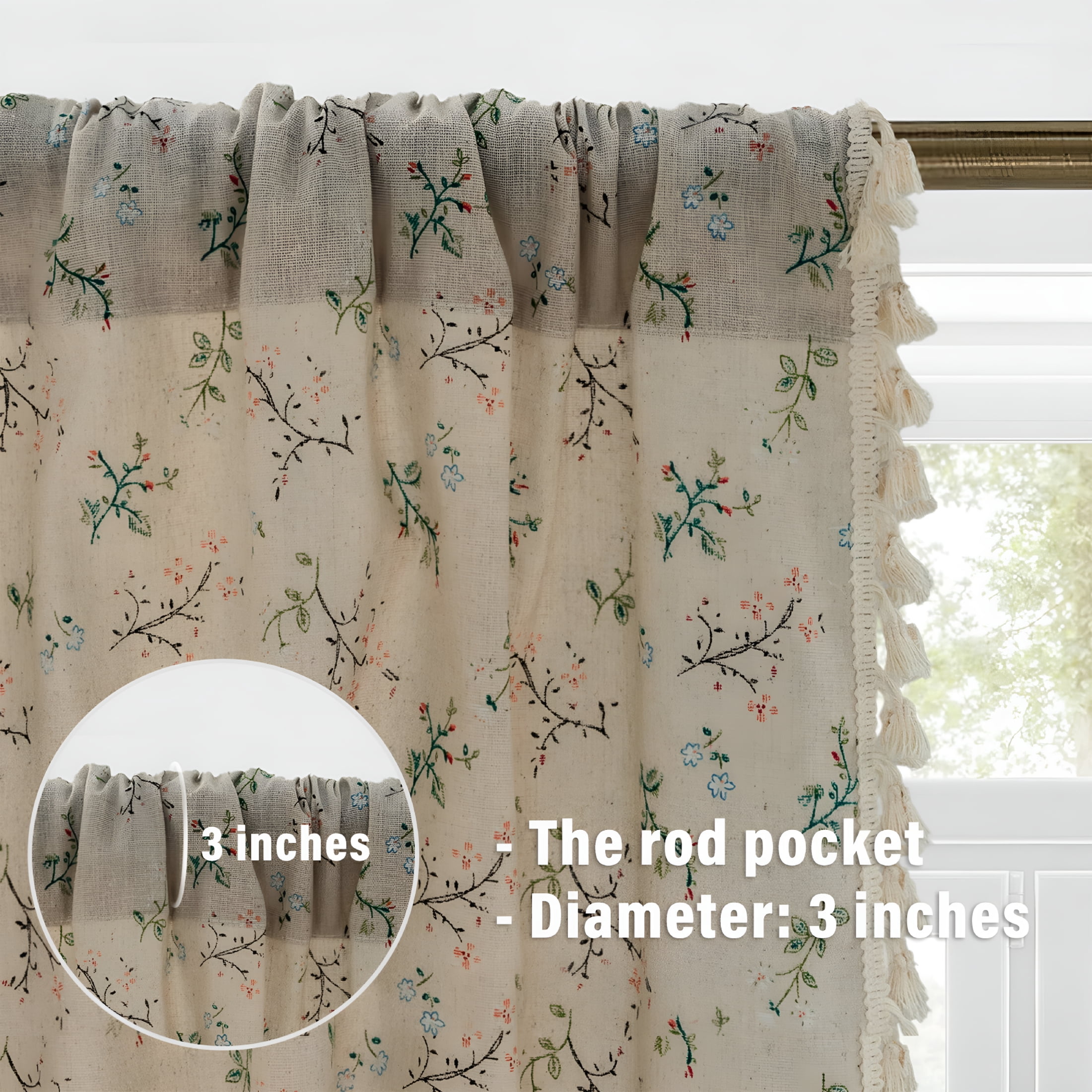 AUQ Farmhouse Boho Floral Linen Semi-Blackout Curtains - 84 Inches,Beige,For Bedroom,Living Room,And Home Decor Curtains for Living Room