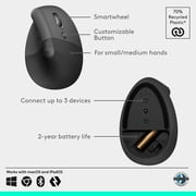 Logitech Lift Vertical Ergonomic Mouse, Wireless, Bluetooth or Logi Bolt USB Receiver, Quiet Clicks, 4 Buttons, Graphite