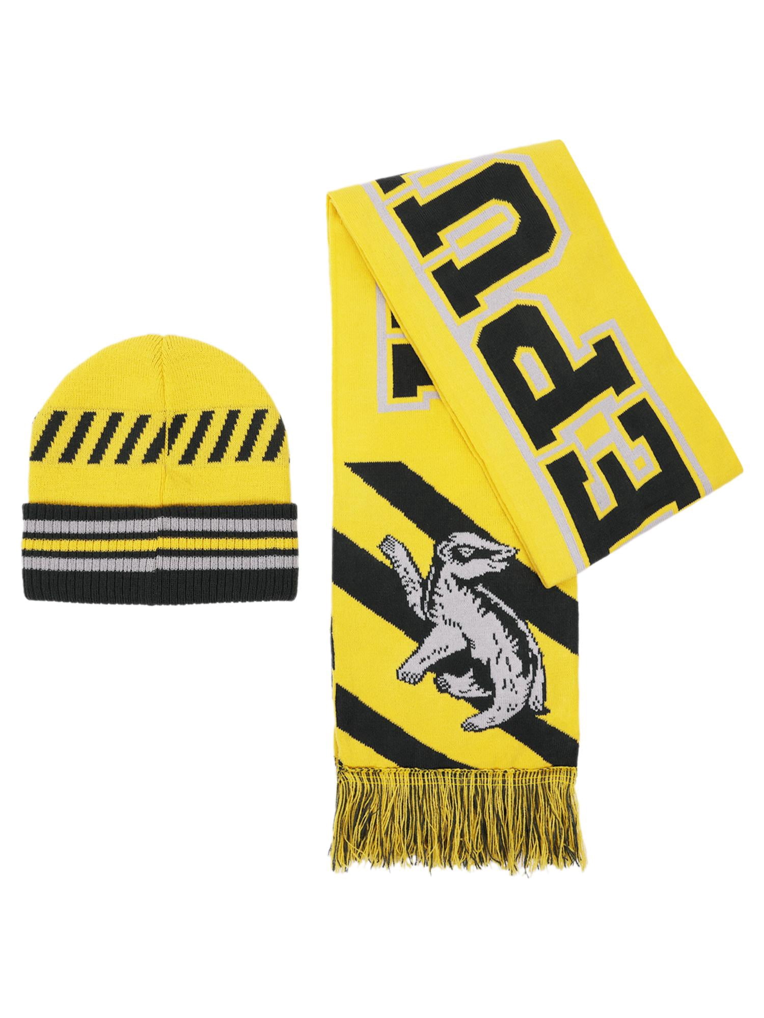 Harry Potter Beanie Hat and Scarf Set, Hufflepuff Ribbed Cuff Winter Knit Cap, Green/Black, One Size