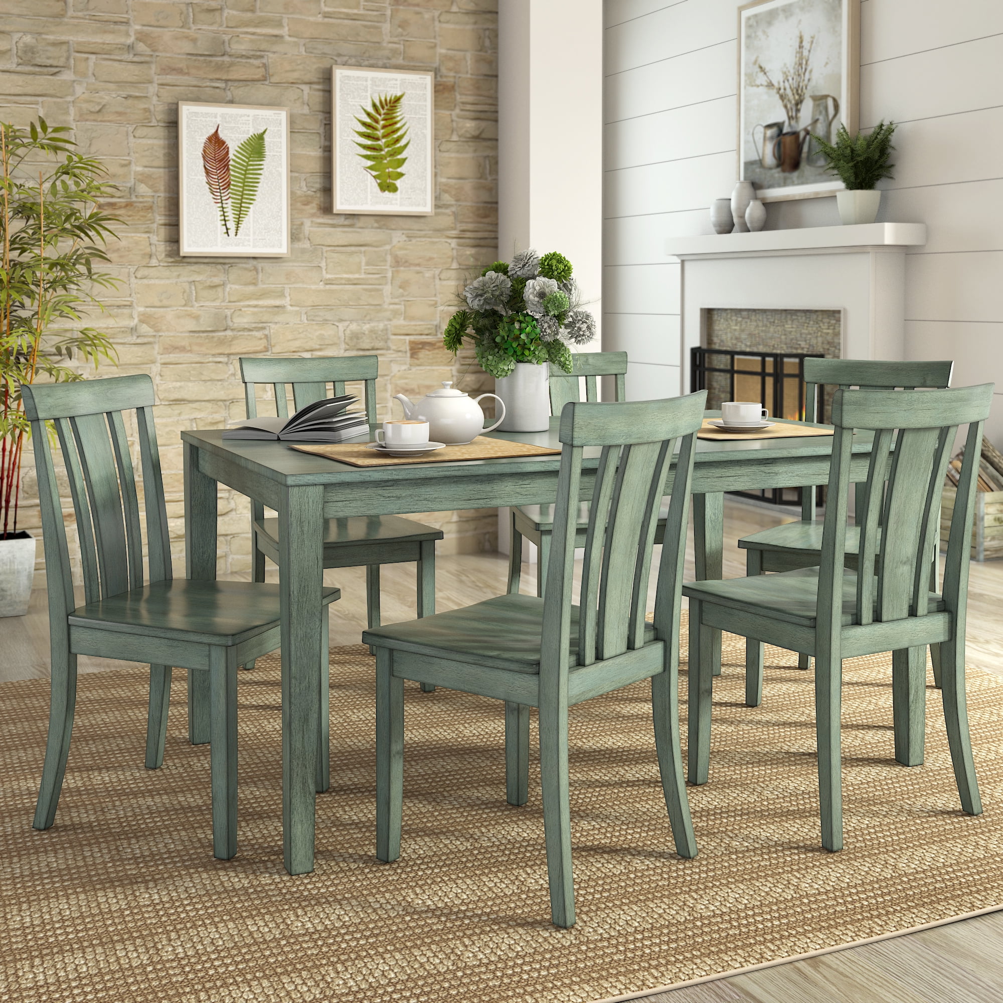 Lexington Large Wood Dining Set with 6 Slat Back Chairs, Dark Sea Green