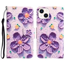 Compatible with iPhone 15 Wallet Case for Women with Credit Card Holders, Magneitc Cute Patterned Designed Flip PU Leather Kickstand Shockproof Cover for iPhone 15, Purple Flower