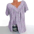 thumbnail image 2 of DeHolifer Tunic Tops for Women V-Neck Floral Print Plated Summer Tops Dressy Casual Short Sleeve Blouses Purple 3XL, 2 of 4