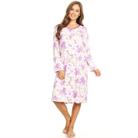 

6007 Womens Nightgown Sleepwear Pajamas Woman Long Sleeve Sleep Dress Nightshirt Purple L
