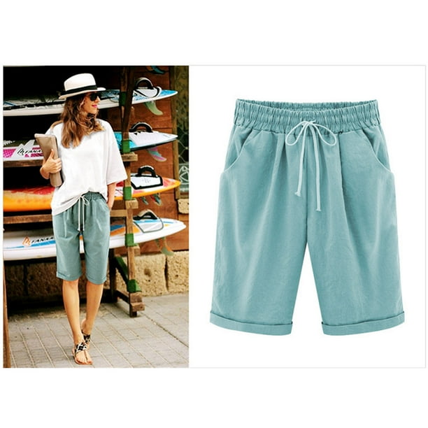 Puntoco pantalones cortos de verano para mujer, moda 2024, pantalones informales de lino y algodón de talla grande de cinco puntos lisos de verano para mujer
