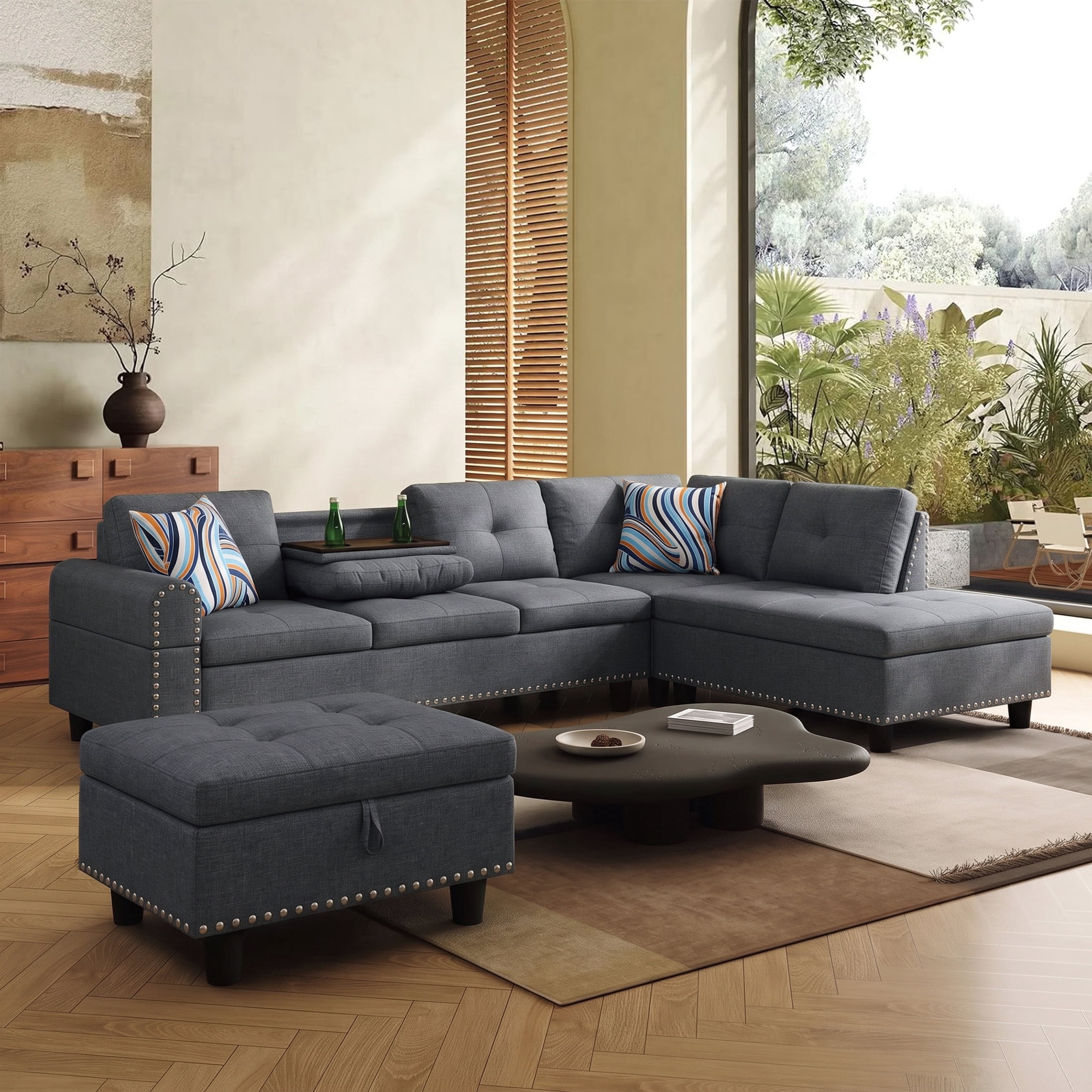AENKYO 98" L-Shaped Sectional Sofa with Reversible Chaise, Storage Ottoman & Cup Holders, Linen, Dark Gray
