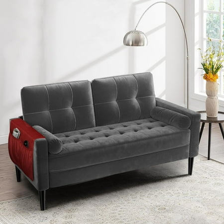 58 Inch Loveseat Sofa 2 Seater Sofa for Small Space Button Tufted Velvet Grey Couch with 2 Pillows Mid Century Modern Couch Small Couches for Living Room Bedroom Apartment