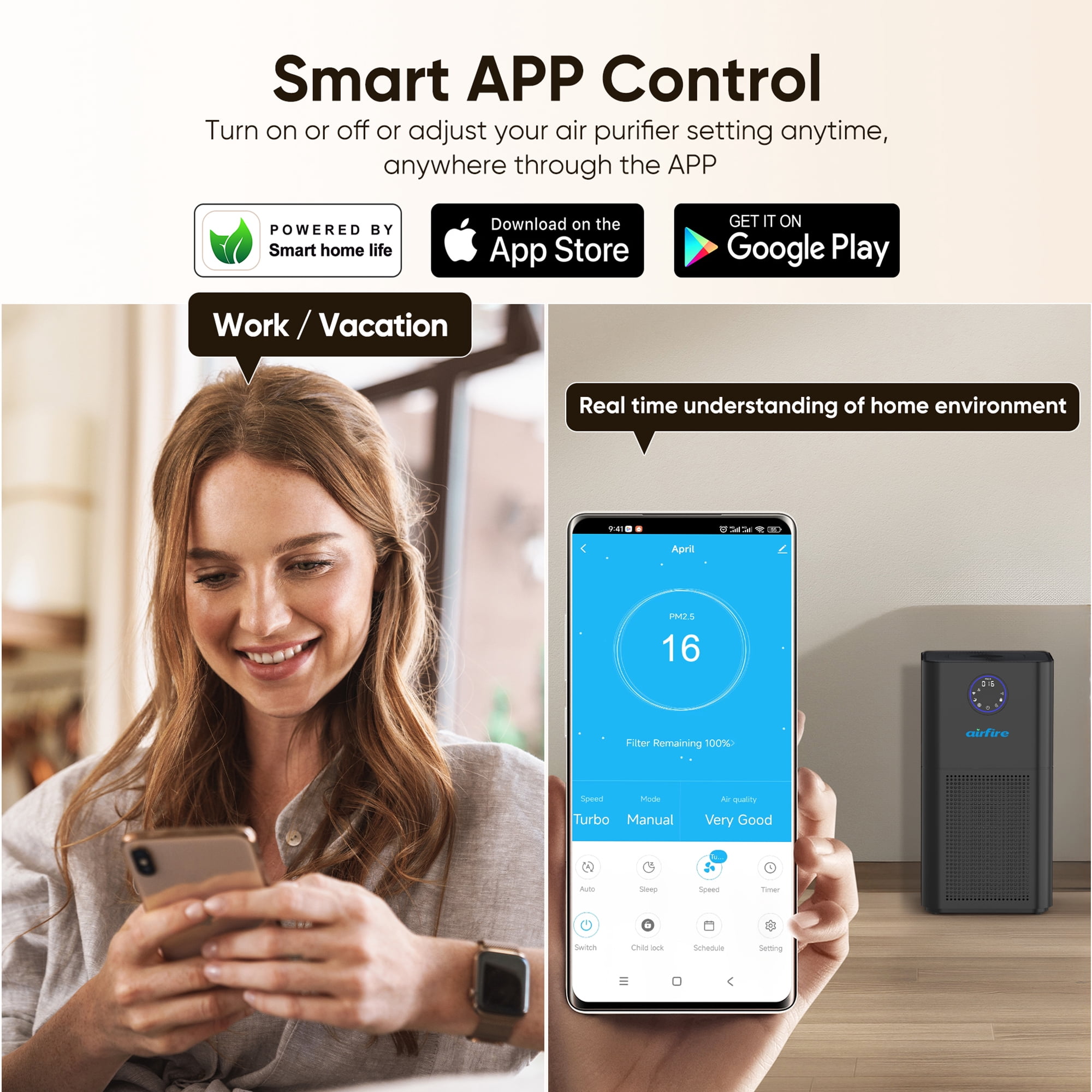 AIRFIRE HEPA Air Purifier for Large Rooms 3500 Sq.ft, WiFi Air Purifiers for Wildfire, Smoke, Pet Dander&Odor, Dust, Pollen, AP404, Black