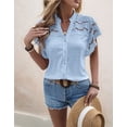 thumbnail image 6 of Women'S Eyelet Embroidery Blouse V Neck Button Down Shirt Flounce Short Sleeve Top with Cutout Detail Blue M, 6 of 9