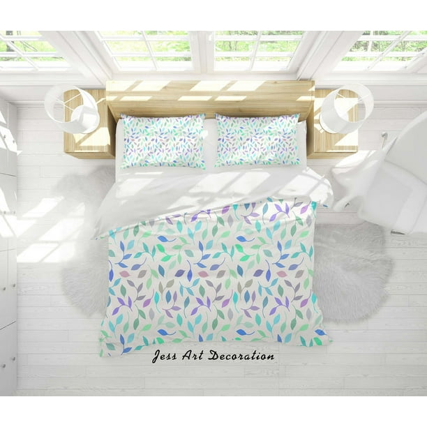 3D Verde Azul Púrpura Hojas Funda de edredón Set Ropa de cama Set Funda nórdica Fundas de almohada
