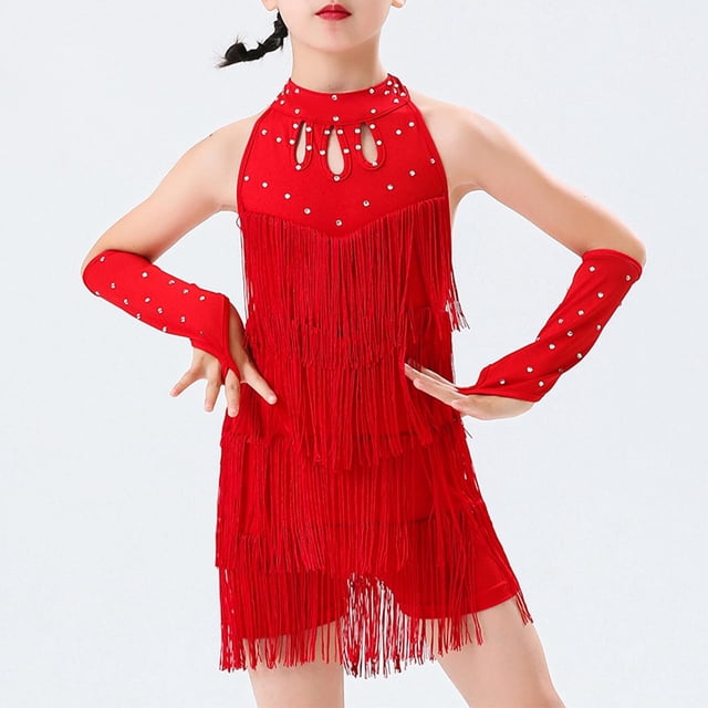 MKOSPLRT Justaucorps à Franges pour Filles Enfants avec Robe à Franges Sans Manches à Col Licou Robe Mini Samba Rumba Fête Cha-Cha Tenue de Danse Robes de Fête Vintage