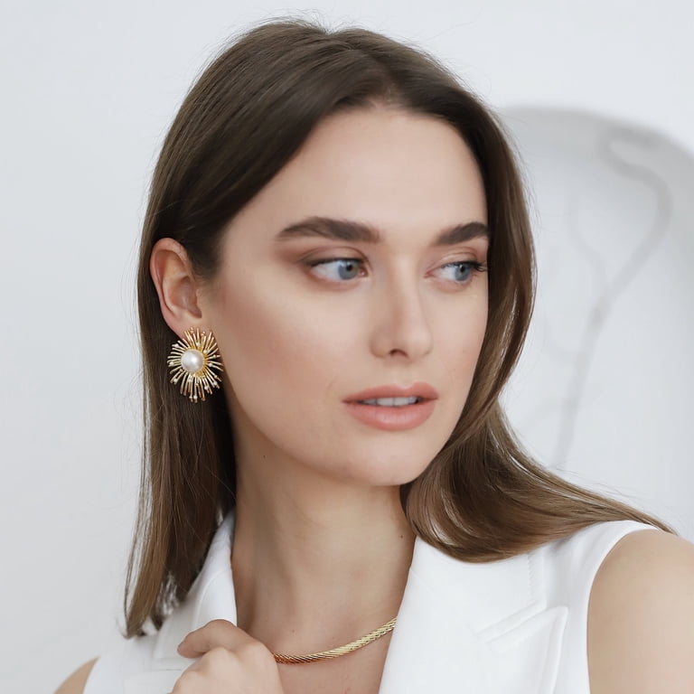12mm Big Faux Pearl Hoop Earrings - Wedding Dangle Drop Statement Earrings For Women, Platinum Plated