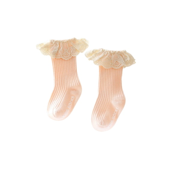 Gureui Toddler Kids Baby Girls Lace Princess Ribbed Knit Socks Solid Color Anti-slip Medium Tube Stockings Turn Cuff Ruffle Floor Hosiery