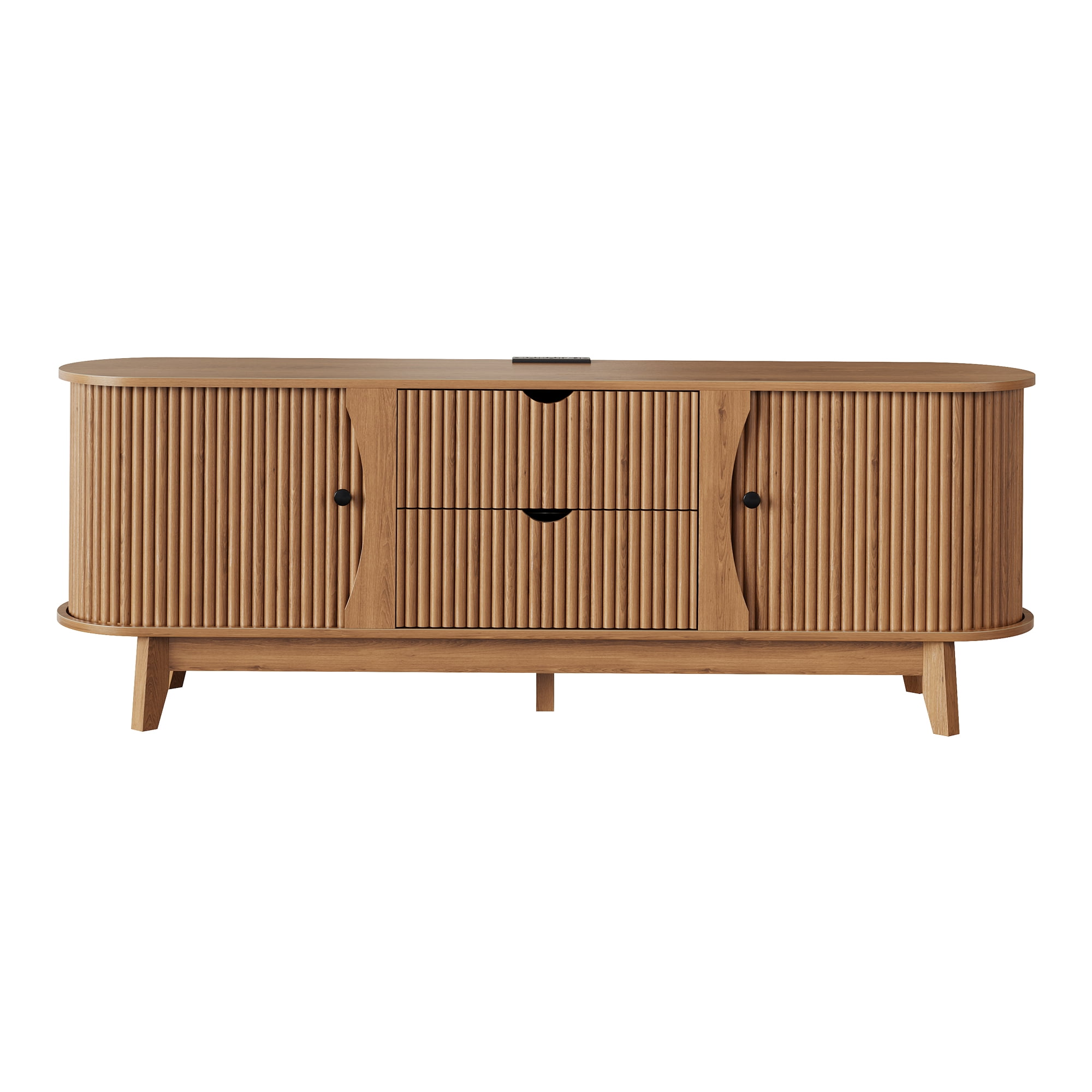 Garvee 63" Fluted TV Stand for TVs Up to 70 Inch, Modern Entertainment Center with Power Outlet, 2 Drawers, Side Cabinets with Adjustable Shelves, Curved Media Console Table for Living Room, Walnut