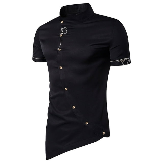 Mefallenssiah Hauts pour Hommes, Liquidation Mode Décontractée Couleur Unie Bas Pointu Ourlet Bas Manches Courtes Col Montant Chemises