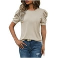 thumbnail image 3 of BiZtdJrK Women Dressy Casual T Shirts Puff Short Sleeve Summer T Shirt Crew Neck Fashion Casual Tunic Tops Beige L, 3 of 8