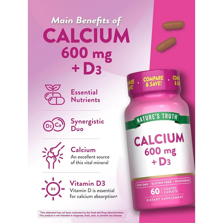 Calcium 600mg with Vitamin D3 | 60 Coated Caplets | Calcium Carbonate  Supplement | by Nature's Truth - Walmart.com
