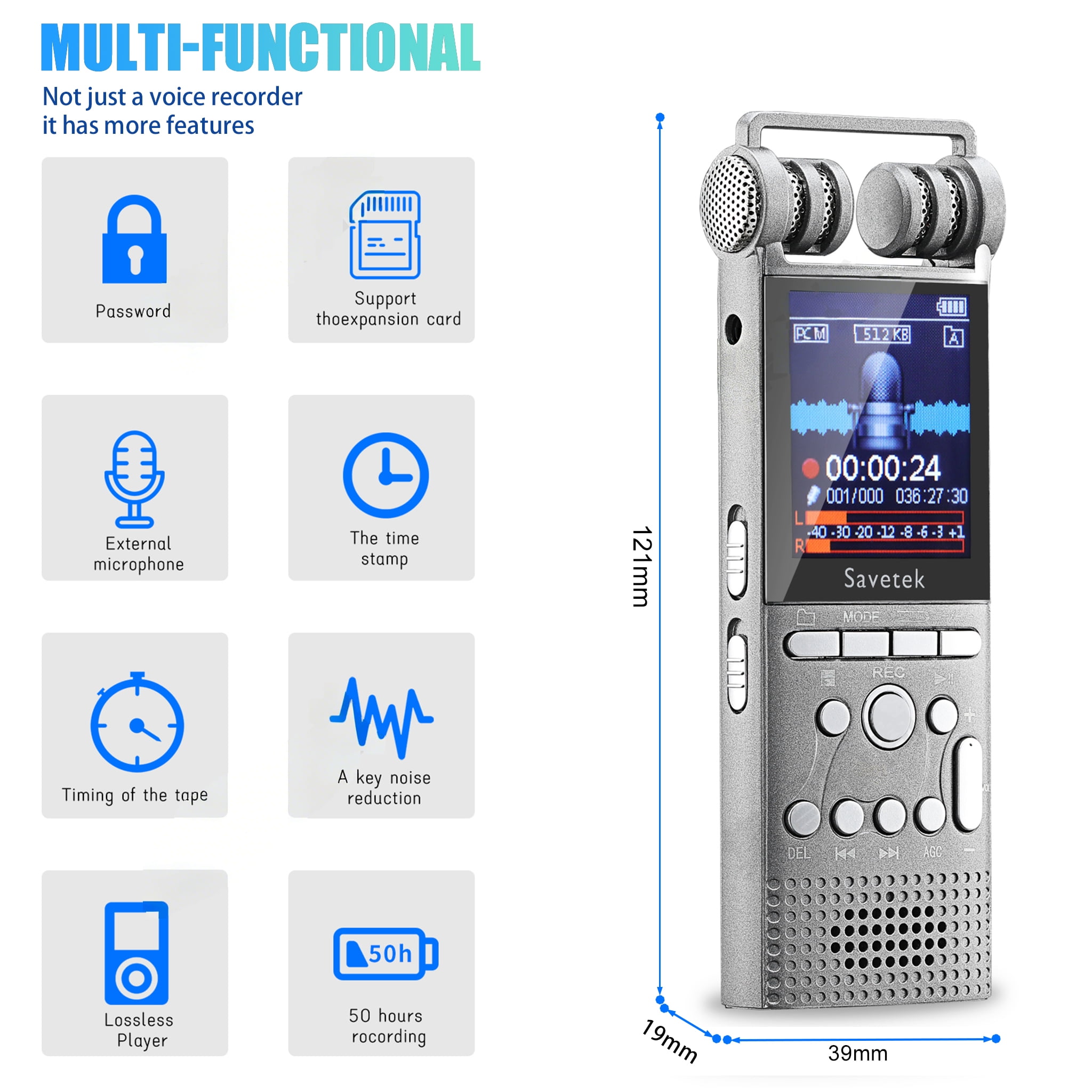 Professional Voice Activated Digital Audio Recorder  8GB USB Pen Non-Stop 100hr Recording PCM 1536Kbps External Microphone Password Protection