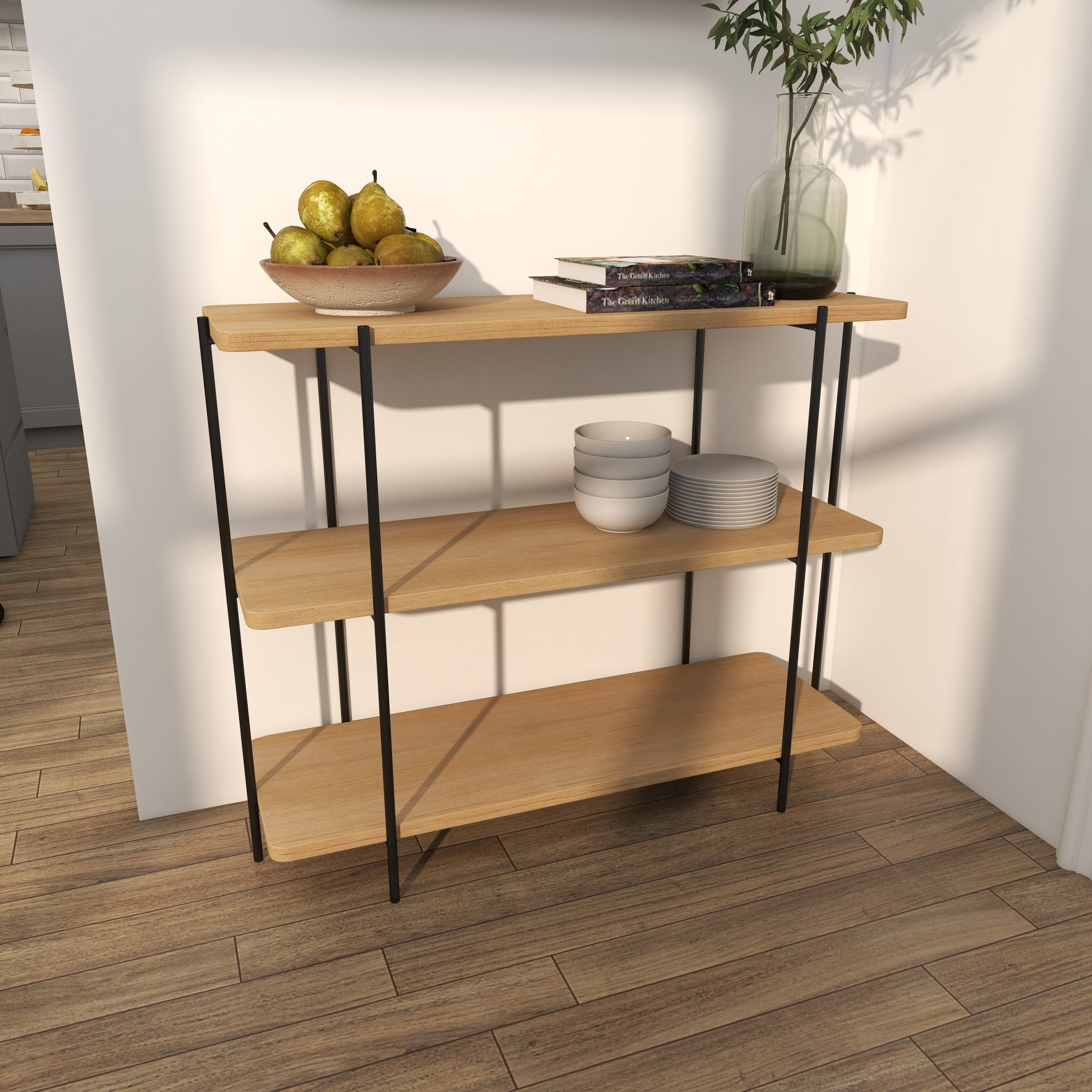 DecMode 40" x 32" Beige Wood Rounded Rectangular 2 Shelf Console Table with Slim Black Metal Legs, 1-Piece