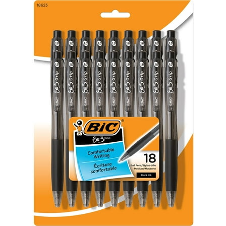 BIC BU3 Grip Ball Point Pen with Side Click Retraction, 0.7 mm, Black Ink, 18 Count, 18 Pack