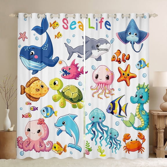 Erosebridal Sea Turtle Jellyfish Curtains for Living Room,Animal Dolphin 30%-50% Blackout Curtains Set of 2 (38x45),Ocean Widlife Curtains and Drapes (38x45),Teen Bedroom Decor