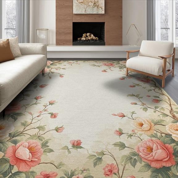 ODIKA 8'x10' Washable Area Rug Floral Vintage Rose Garden With Romantic Scroll Border And Small Blooms for Dining Room, Large Office, Lounge, Non-Slip Chair-Friendly Mat
