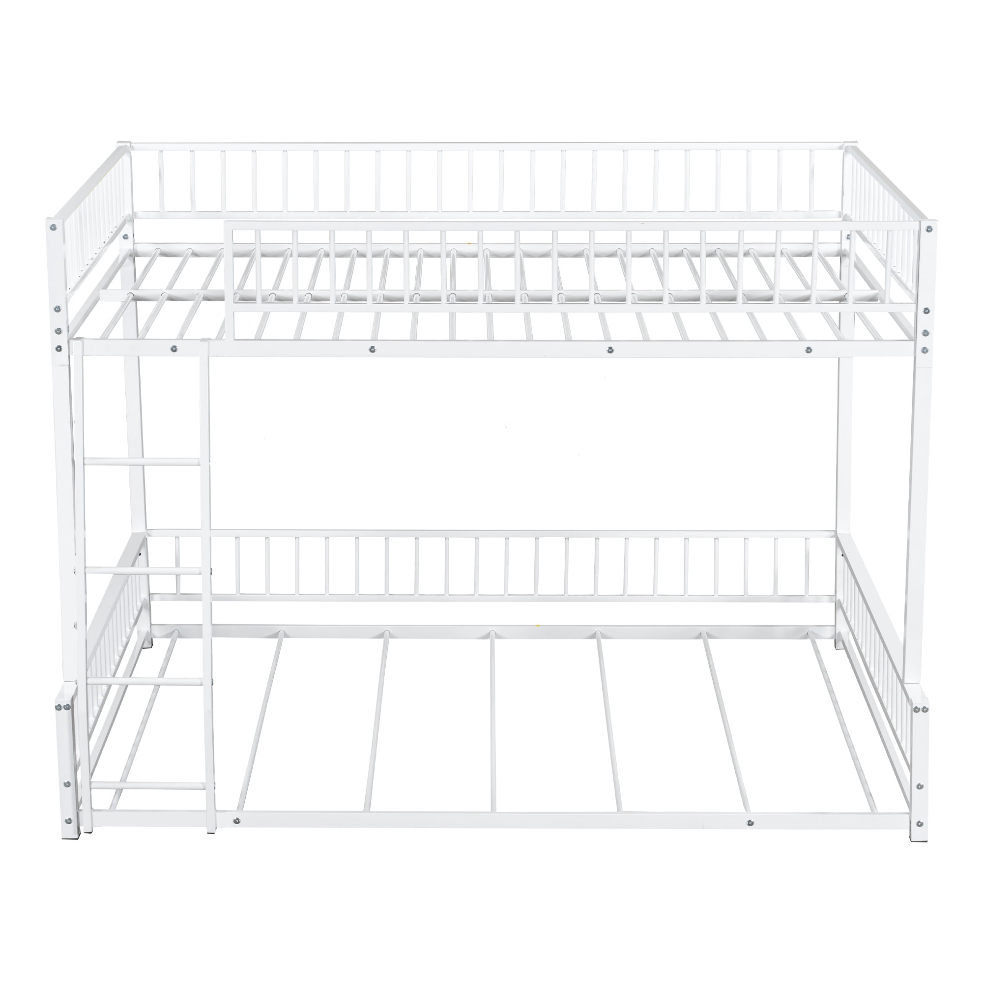 Full XL over Queen Bunk Bed, Heavy Duty Bunk Beds for Adults and Kids,Floor Bed Frame with Ladder and Safety Guardrails, Easy Assemble,White