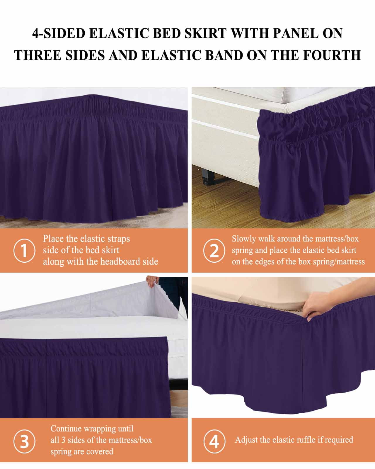 Solid Color Ruffle Bed Skirt Queen Size Dark Purple Adjustable Elastic Dust Bed Skirts Wrap Around Bedskirt Wrinkle Free Easy Fit with 16 Inch Drop