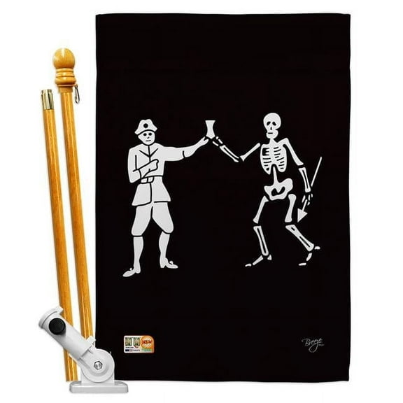 Breeze Decor BD-PI-HS-107040-IP-BO-D-US13-BD 28 x 40 in. Vertical Bartholomew Roberts Coastal Pirate Impressions Decorative Double Sided House Flag Set with Pole & Bracket Hardware