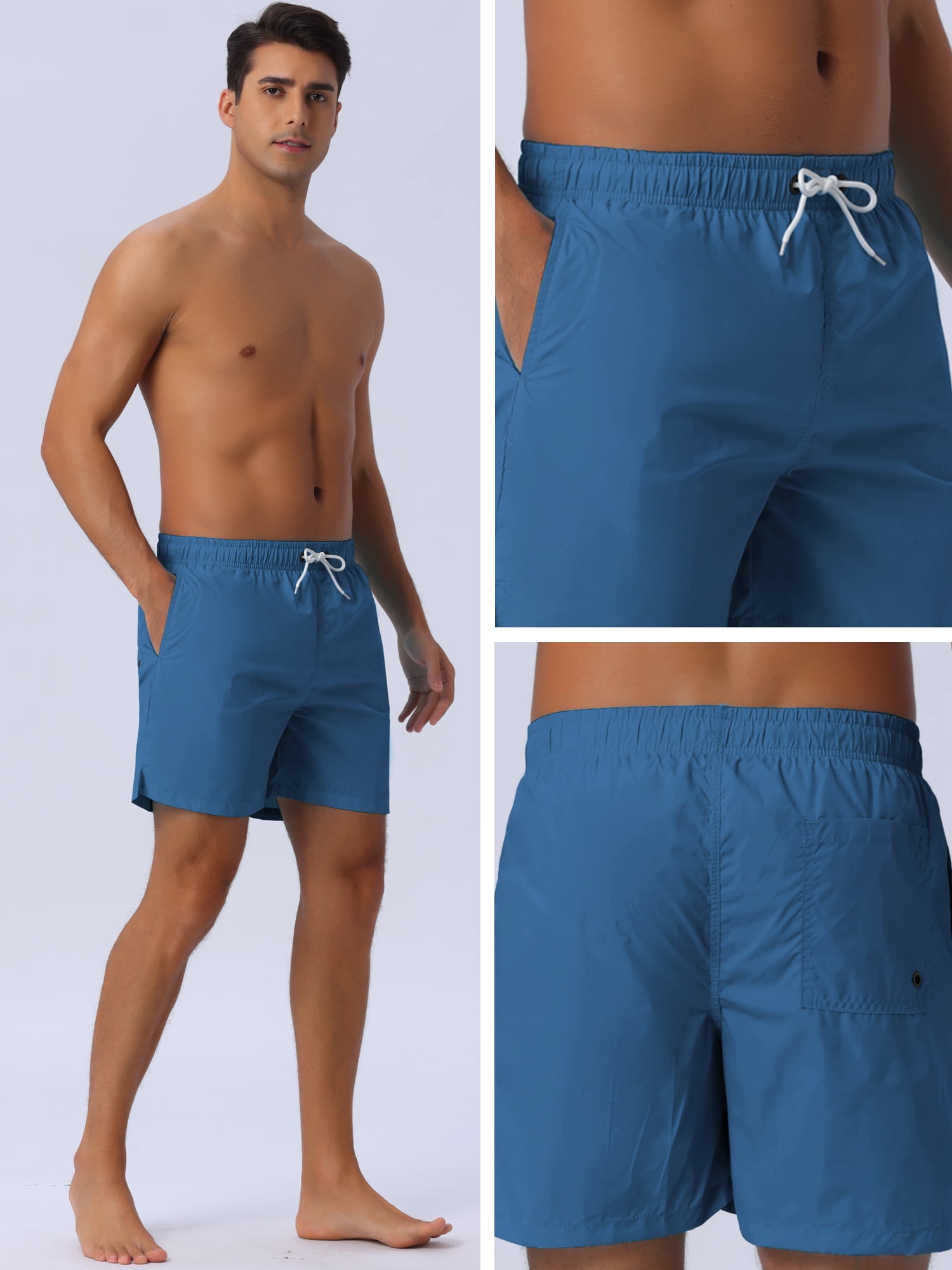 DARING DIVA Men's Summer Drawstring Elastic Waist Mesh Lining Solid Board Shorts 30 Navy Blue