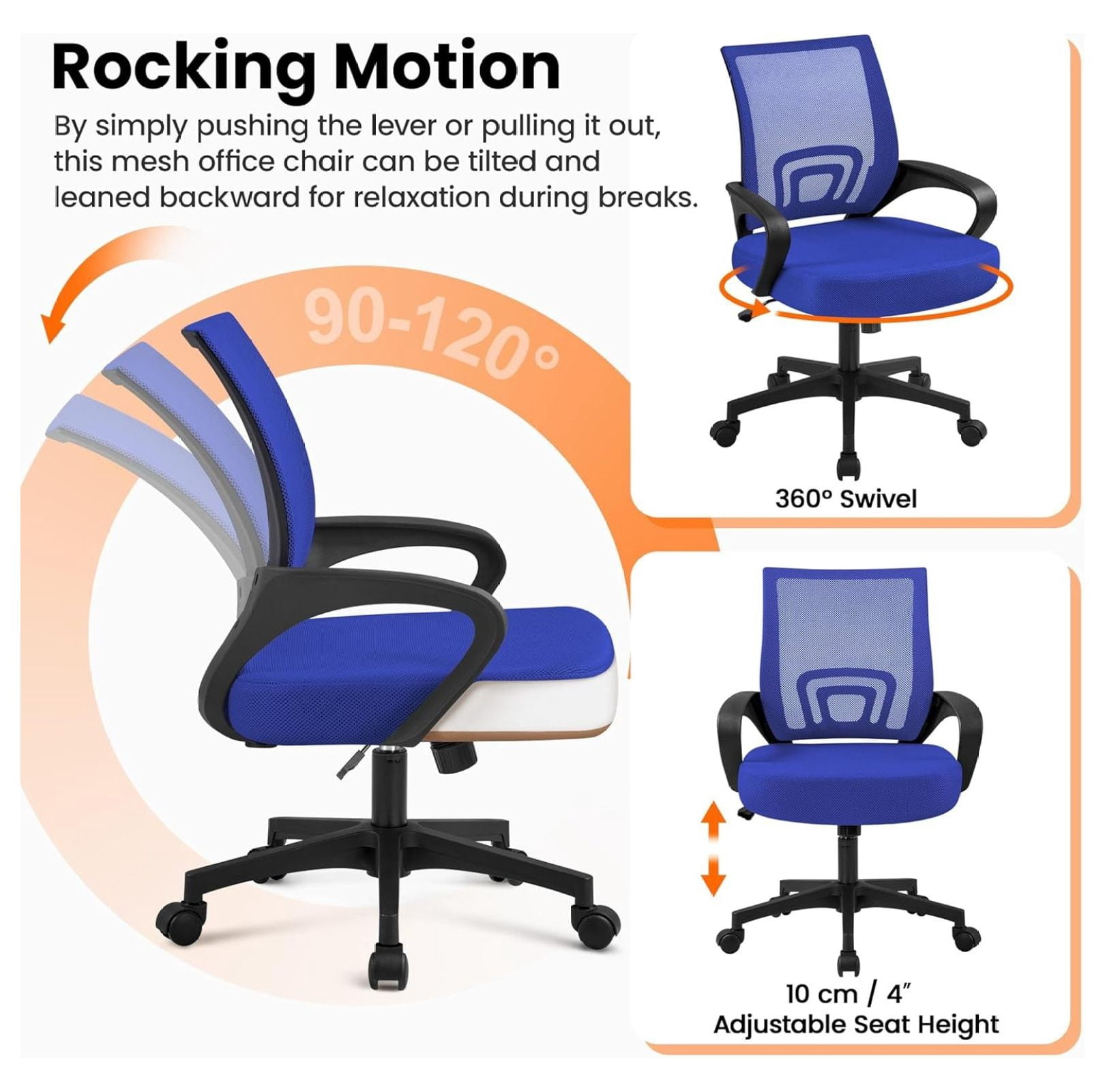 Ergonomic Office Chair Desk Chair Mesh Back Adjustable Computer Chair with Lumbar Support Swivel Rolling Wheels for Home Office Blue