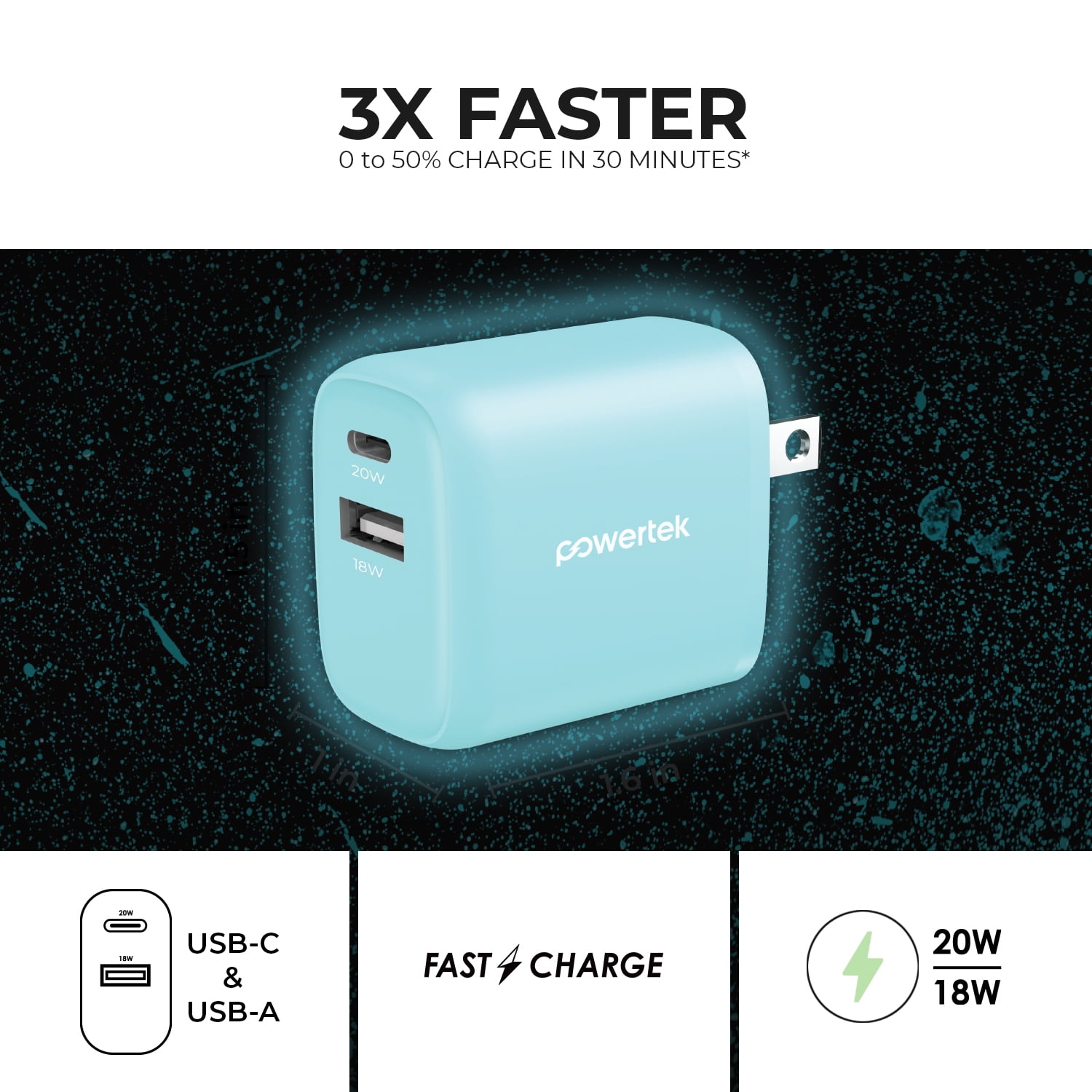Liquipel Powertek Glow in the Dark 20W Combo Wall Charger - Blue