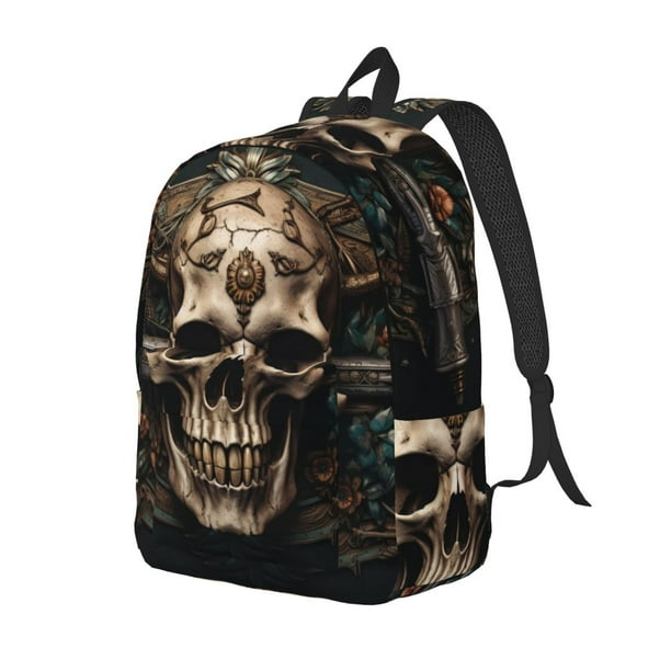 Disketp Metal Style Horned Skull print Canvas Backpack Lightweight Travel Daypack Student Rucksack Laptop Backpack-Medium