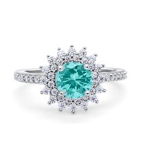 Halo Starburst Flower Wedding Ring Simulated Paraiba Tourmaline CZ 925 Sterling Silver Size 6