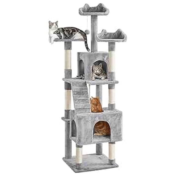72in Cat Tree for Indoor Cats, Multi-Level Tower Condo with Scratching Posts, 3 Perches, Light Gray Cat Furniture