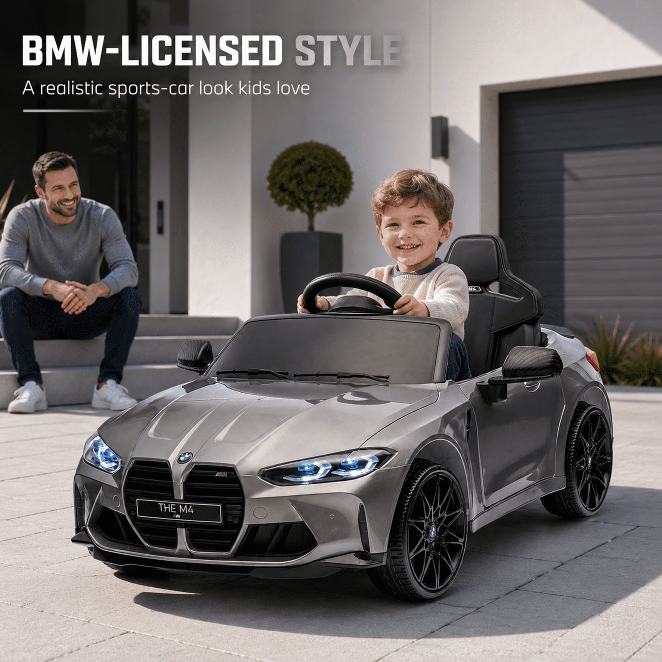 BMW M4 Kids Ride on Car Toy with Remote Control, 24V Powered Ride on Toys Cars W/Bluetooth/USB/MP3, Battery Display, LED, Handle with Wheels & Pull, Electric Car for Boy Girl, Gray